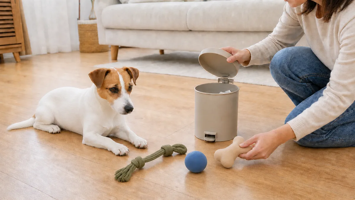 リビングの床に並べた犬用のおもちゃを手に取って確認しながら、もう一方の手でゴミ箱のふたを開けて中を見ている飼い主と、少し離れた床に伏せているジャック・ラッセル・テリア