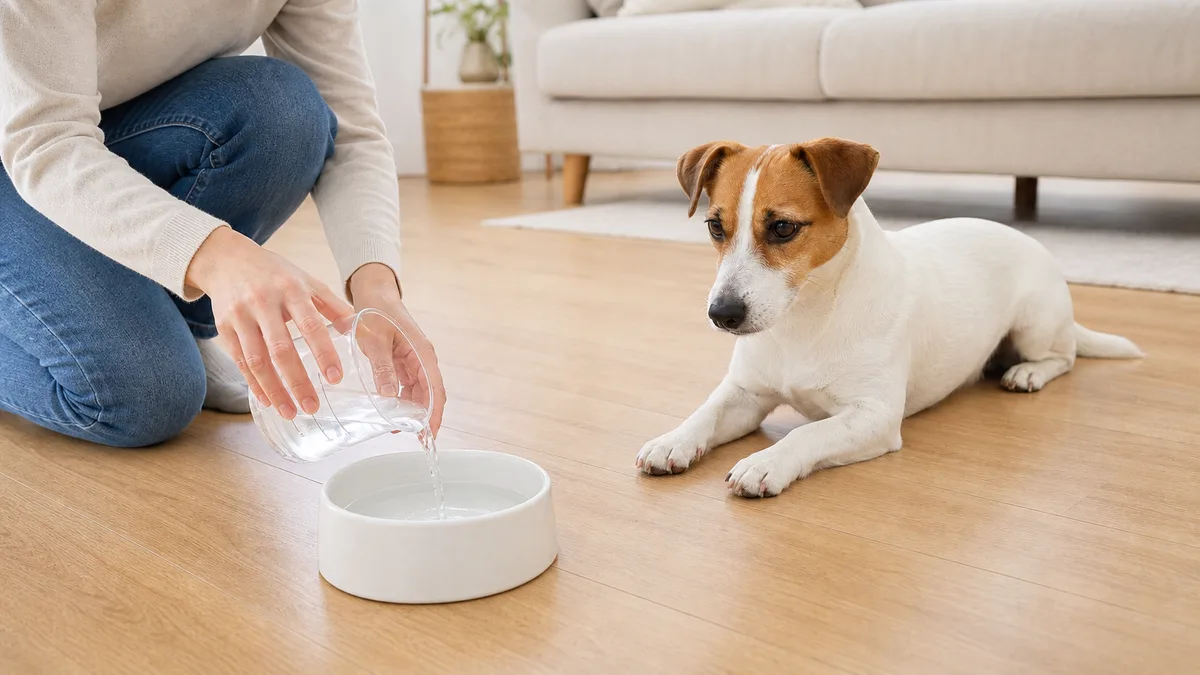 リビングの床に置いた浅い白い水のボウルへ透明な計量カップから水を注いでいる飼い主の手元と、少し離れた床に伏せてこちらを見ているジャック・ラッセル・テリア
