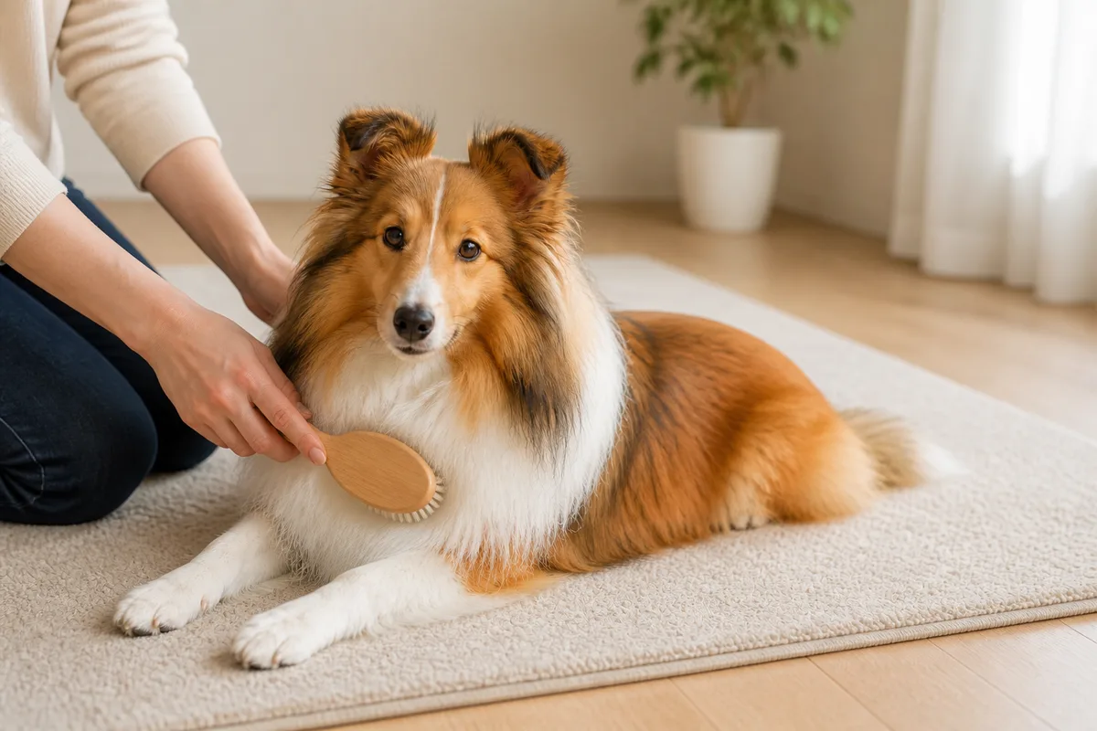 リビングの床で、飼い主にやわらかいブラシで首まわりの毛を整えてもらっているセーブル＆ホワイトのシェットランド・シープドッグ