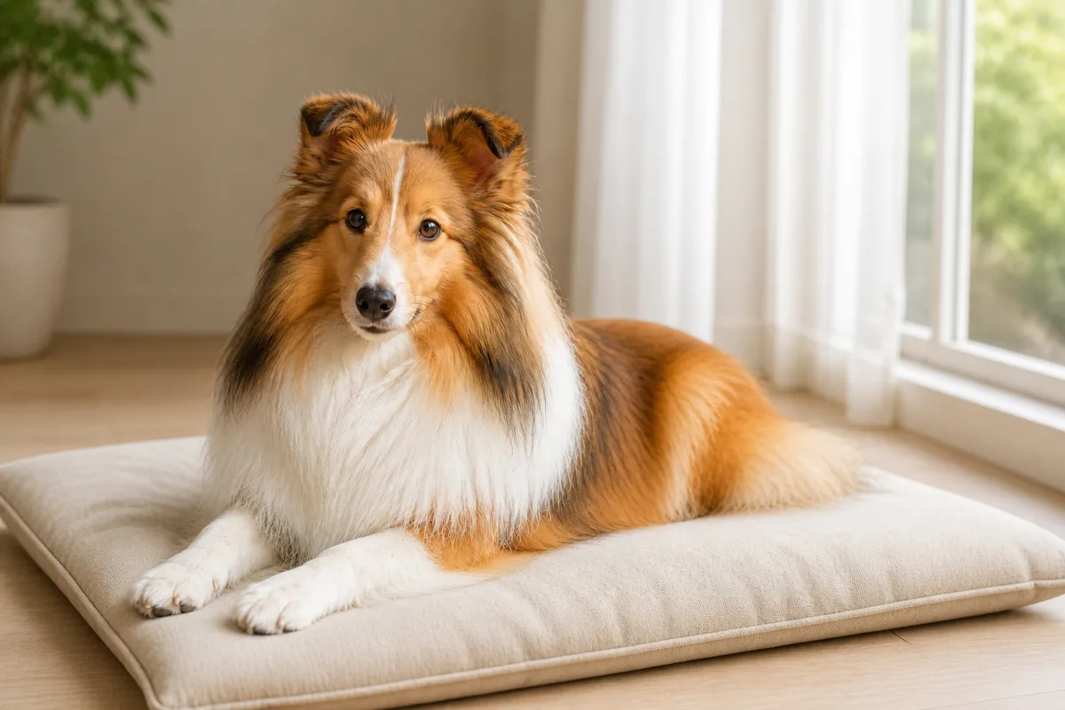 窓辺の明るい床で、厚手の犬用クッションの上にゆったりと伏せてくつろぐシェットランド・シープドッグ