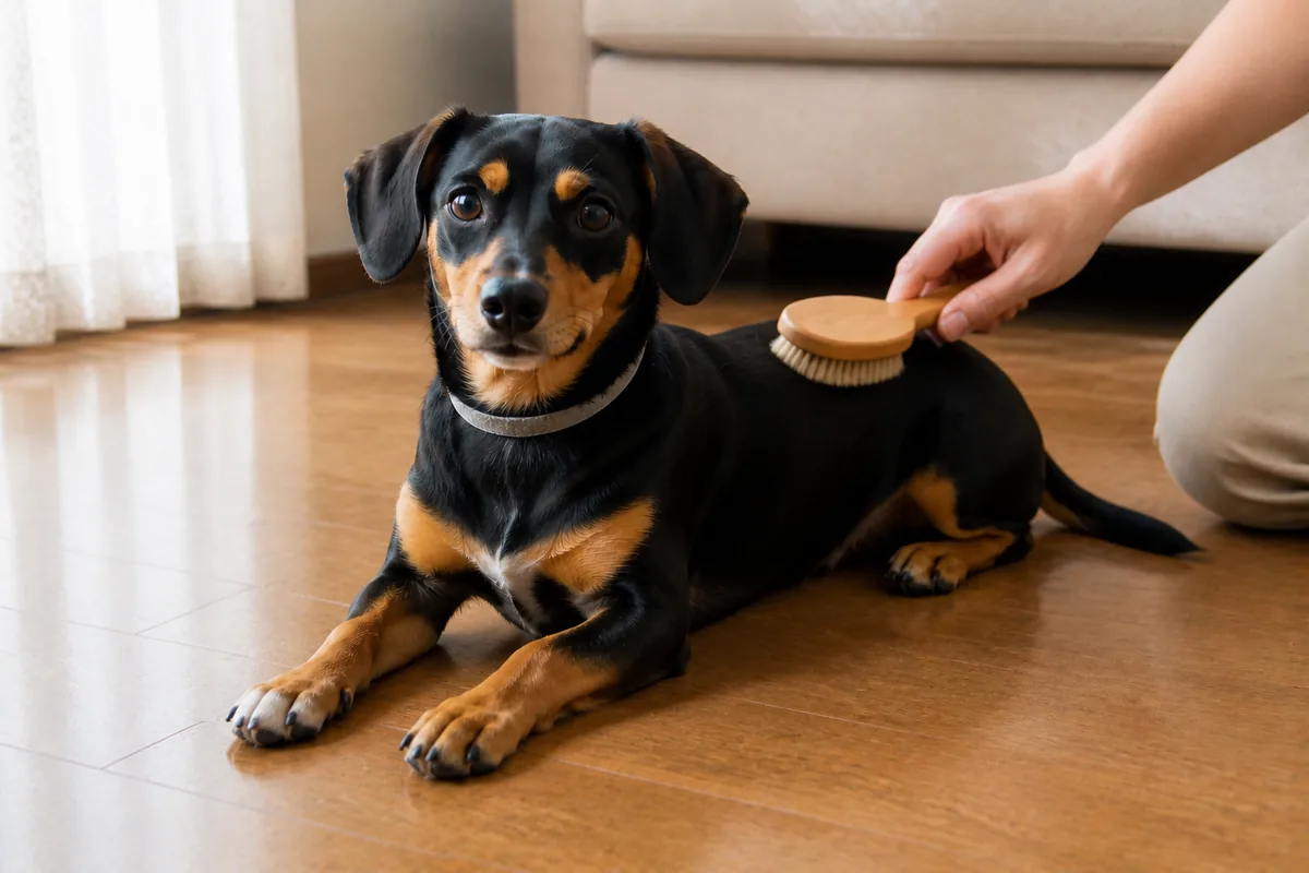 床に伏せたブラック＆タンの短毛のチワックスの背中を、飼い主がやわらかいブラシで整えている様子