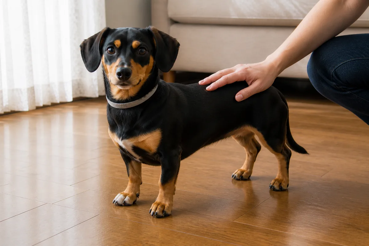 フローリングに立つブラック＆タンの短毛のチワックスの背中に、しゃがんだ飼い主が手をそっと添えている様子
