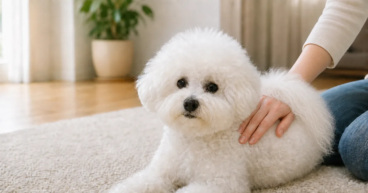 室内のラグの上で静かに伏せている白い小型犬のそばに飼い主が座り、背中にそっと手を置いている