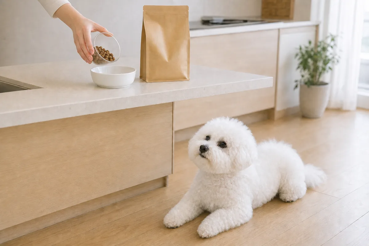 キッチンで計量カップを使ってドライフードを量る飼い主と、床で待つ白い小型犬