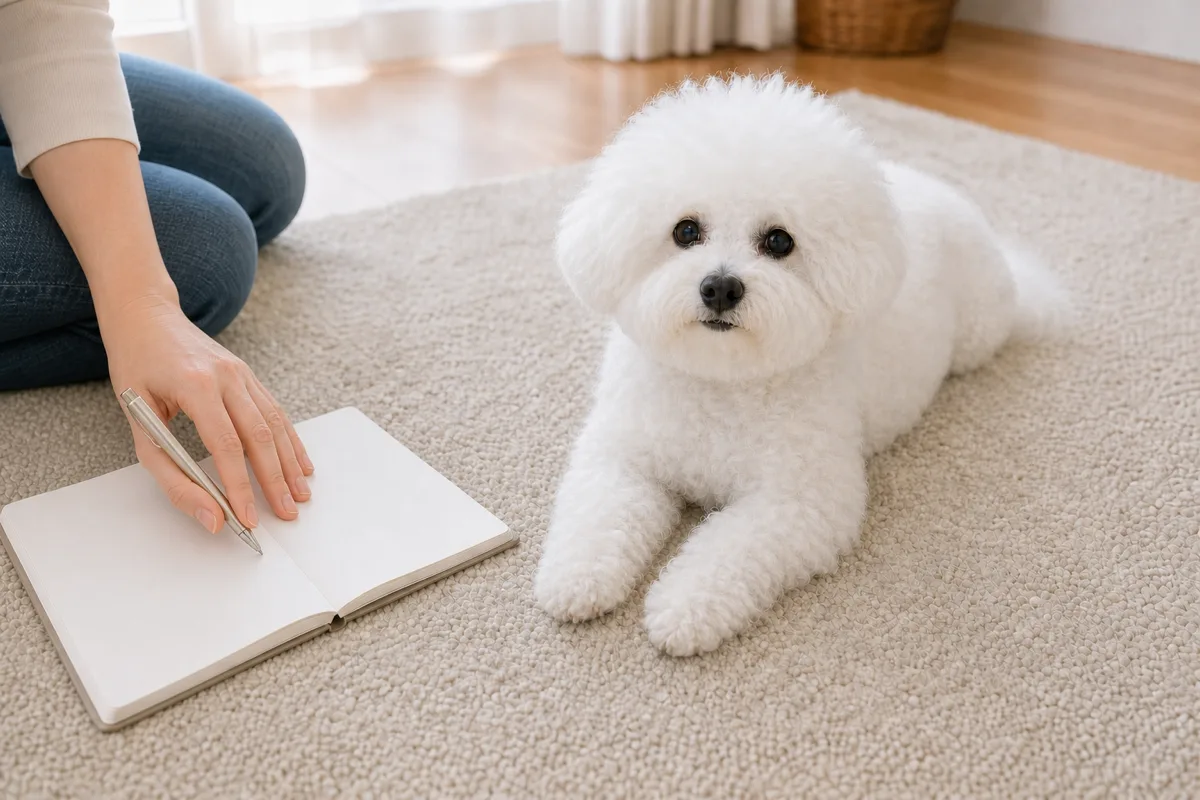 ラグの上で伏せている白い小型犬のそばで、飼い主がノートに経過を書き留めている