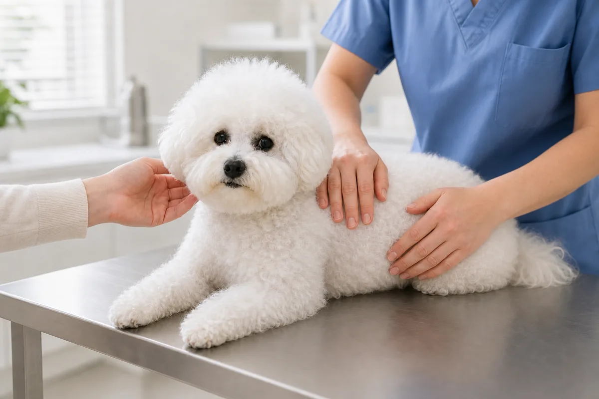 診察台の上の白い小型犬のお腹を獣医師がやさしく触診し、飼い主がそばで見守っている
