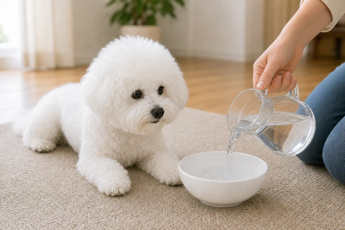 床に置いた水入れに新しい水を注ぐ飼い主と、そばで待つ白い小型犬
