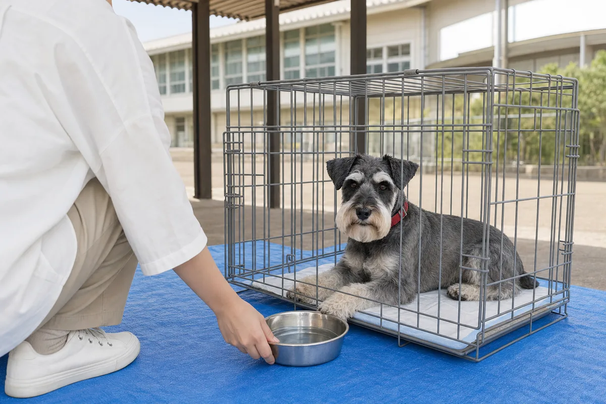 避難所の屋外にある一時飼育スペースで、ケージの中で伏せるミニチュア・シュナウザーと水を用意する飼い主