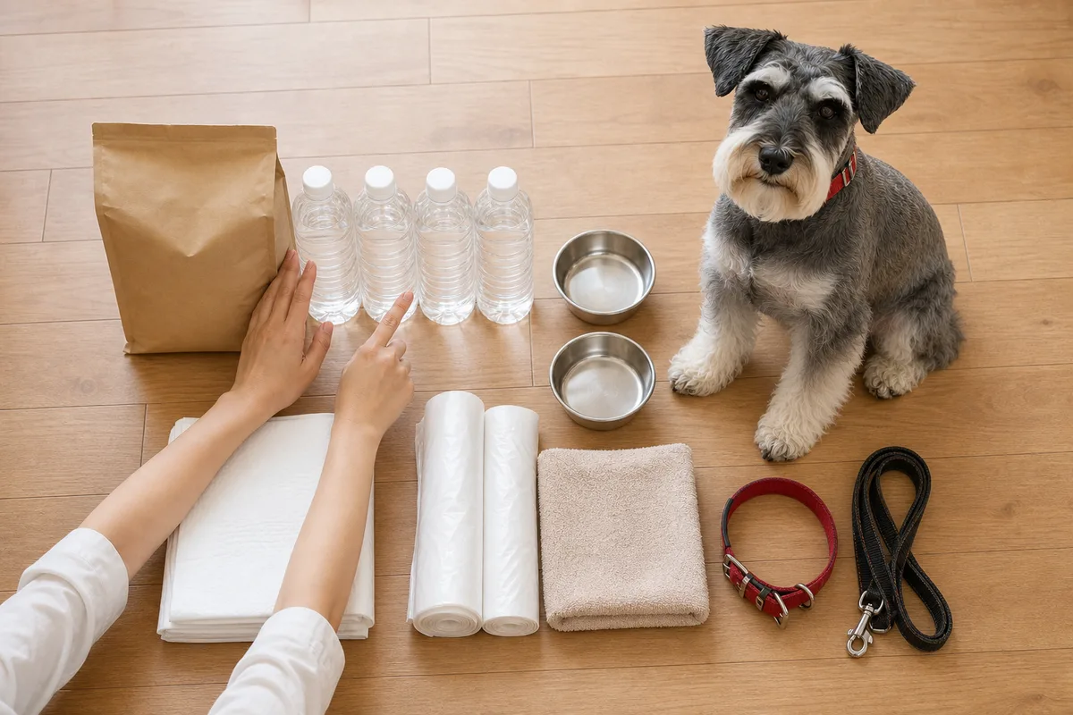 床に並べたドライフード、水、食器、ペットシーツ、予備の首輪とリードを数えて確認する飼い主とミニチュア・シュナウザー