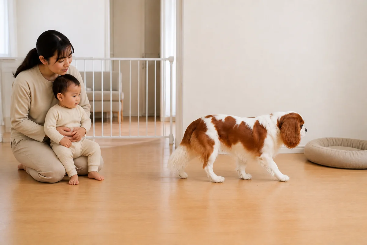 大人が幼児をそばに留め、犬が空いた床を通って自分のベッドへ離れる