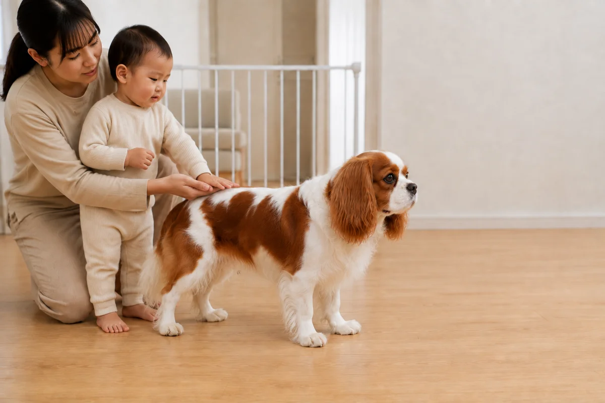 幼児の手を大人が補助して犬の背をなで、犬の進む先には空いた床がある