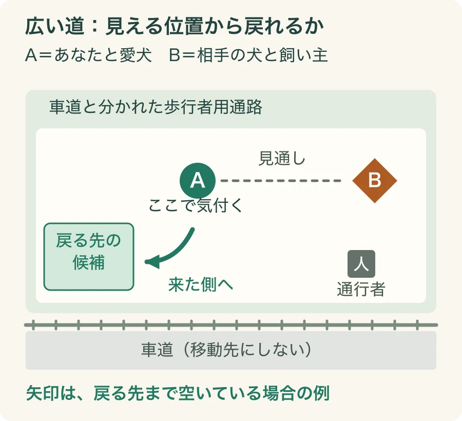 広い歩行者用通路。左寄りのAから右前方のBを見渡せる。Aは後方の空きを確認し、同じ通路内を左へ戻る。右下の通行者と下の車道へは向かわない