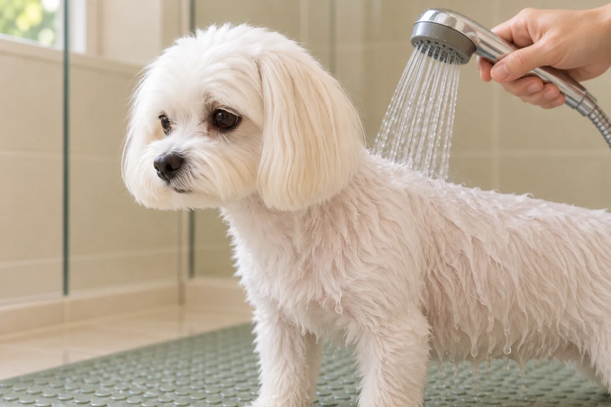 犬の顔を避け、背中へ弱いシャワーの水流を当ててすすぐ様子