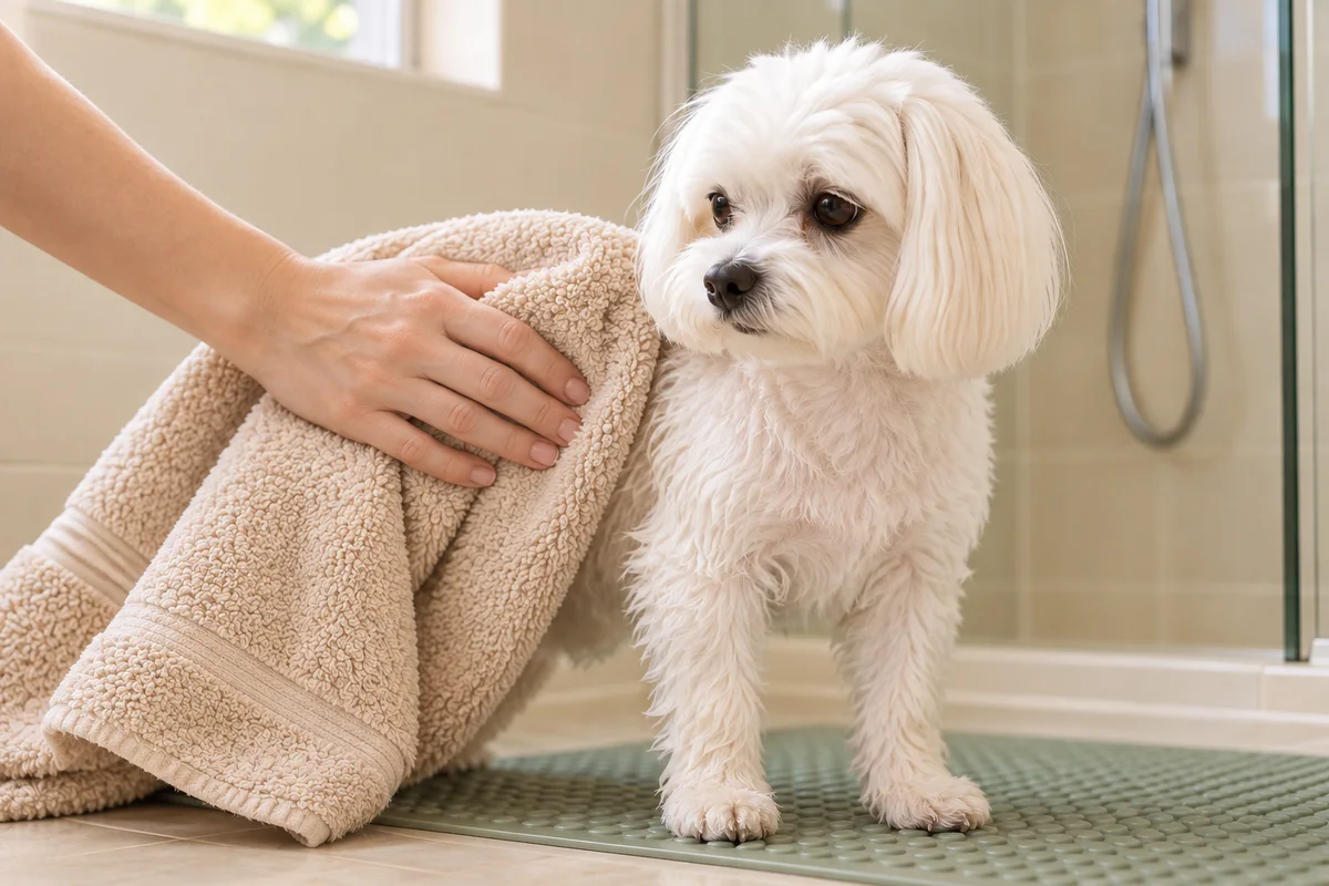 顔を出したまま、犬の体の横にタオルを優しく当てて吸水する様子