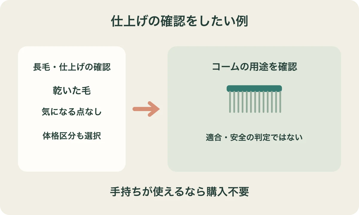 長毛で仕上げを確認したい例から、コームの用途確認と手持ちの点検へ進む流れ