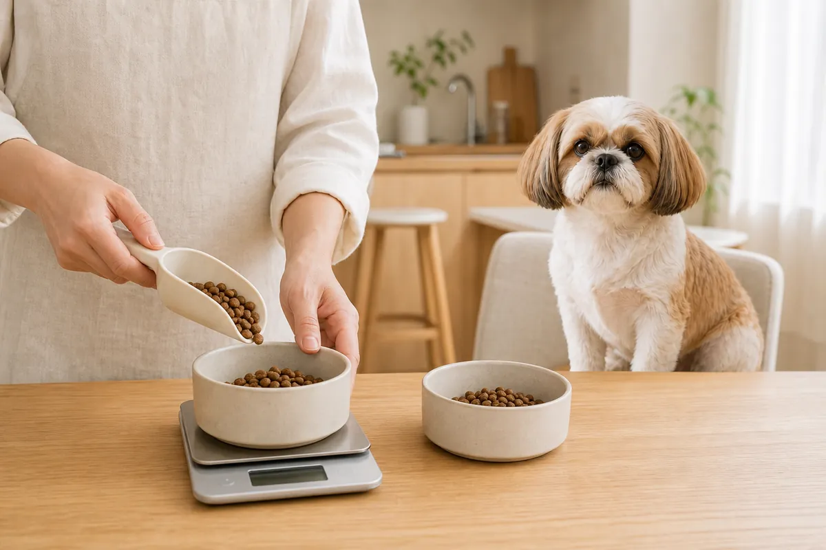 シーズーが見守る前で1日分のフードを二つのボウルへ分ける飼い主