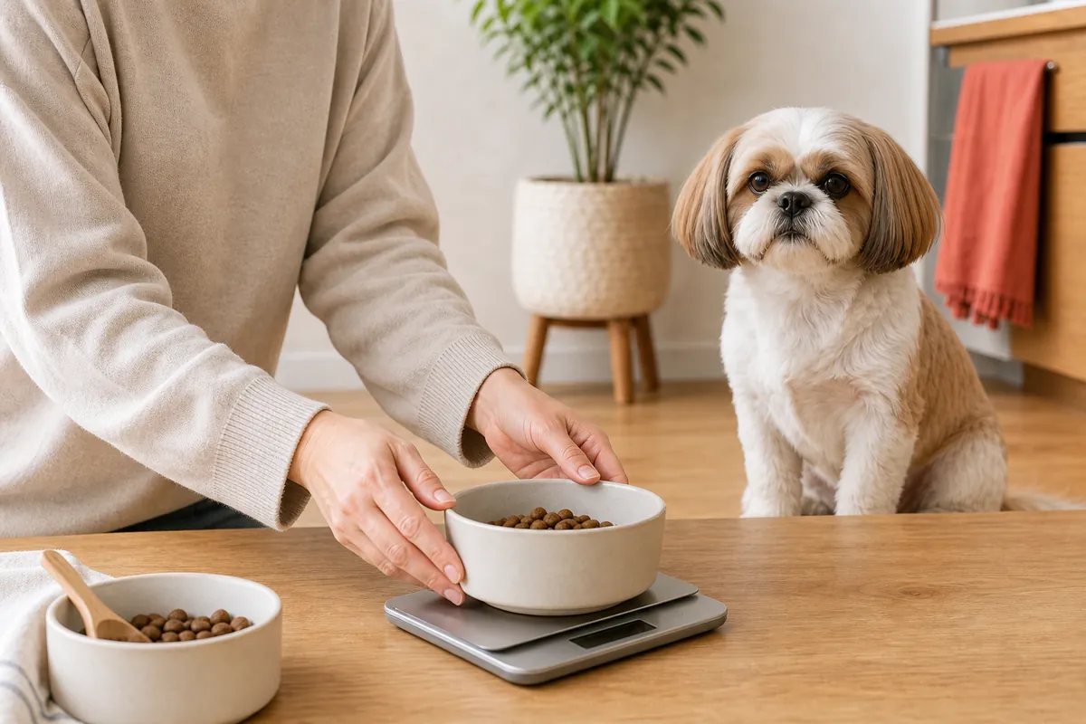 シーズーのそばで飼い主がキッチンスケールにフードを量り取っている