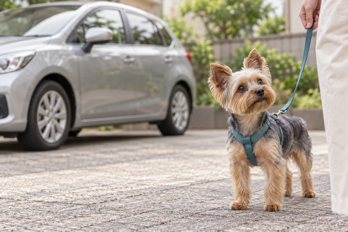 停車した車の近くで、リードを持つ飼い主を見上げるヨークシャー・テリア