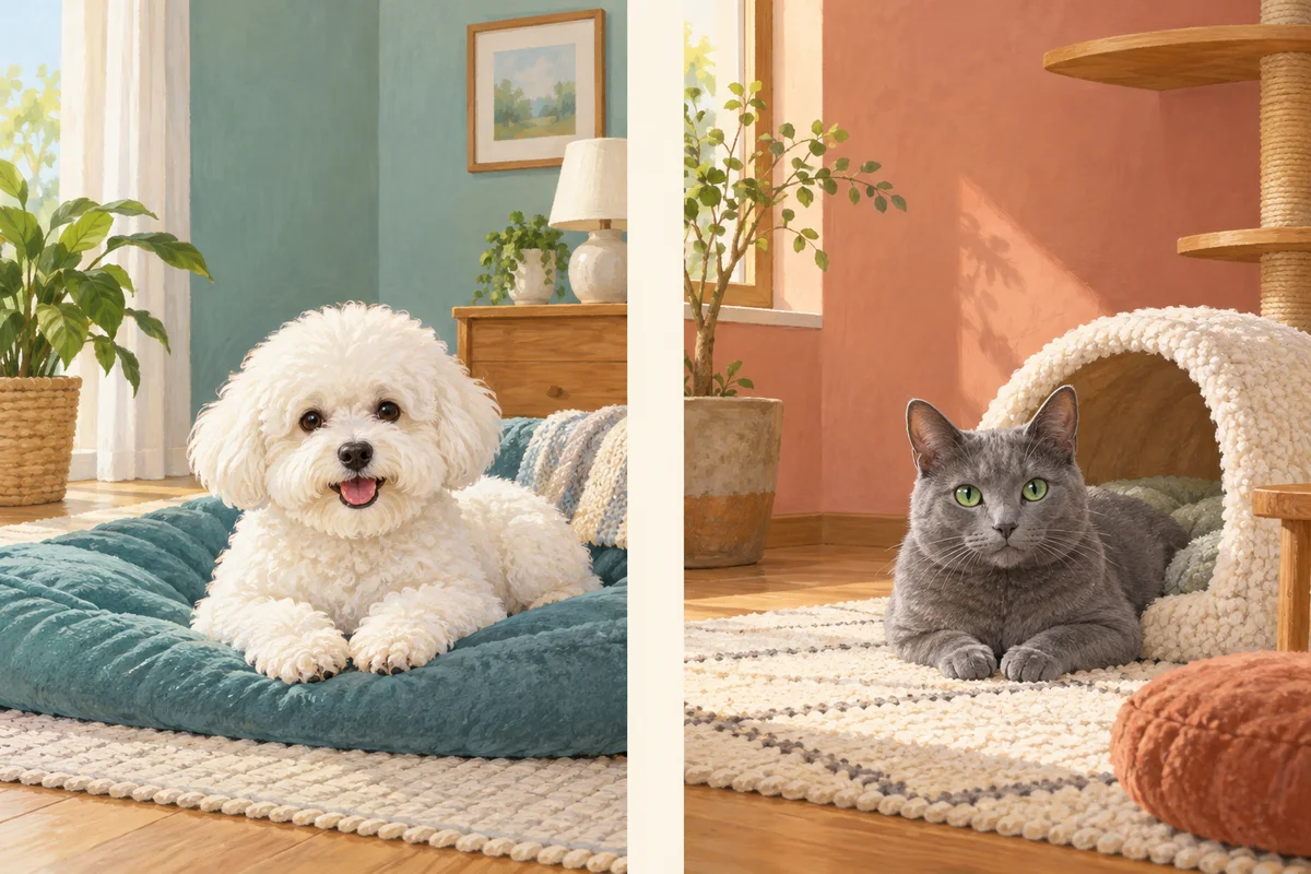 別々の部屋の寝床で休む白いビション・フリーゼとグレーの猫を分けて描いた二場面