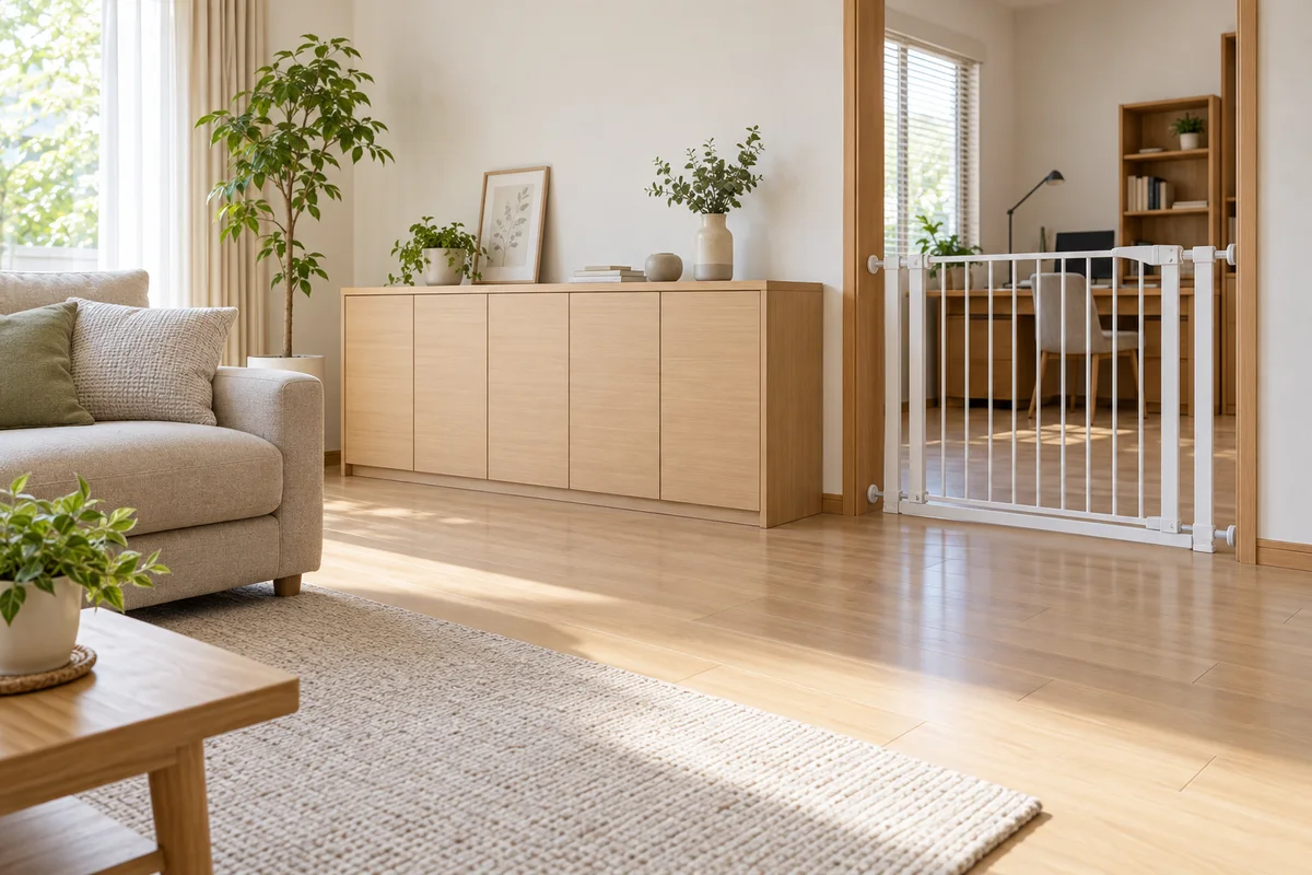 扉の閉じた収納と、隣の部屋への出入りを区切る白いゲート