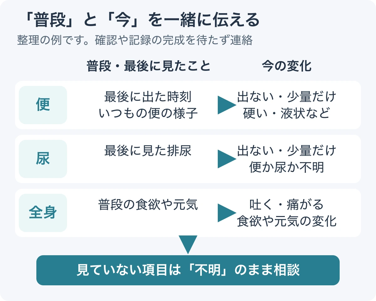便・尿・全身について普段と今を比較して伝える整理図。最後に出た便と尿、少量か出ないか、食欲や嘔吐などをまとめ、分からない項目は不明のまま連絡する