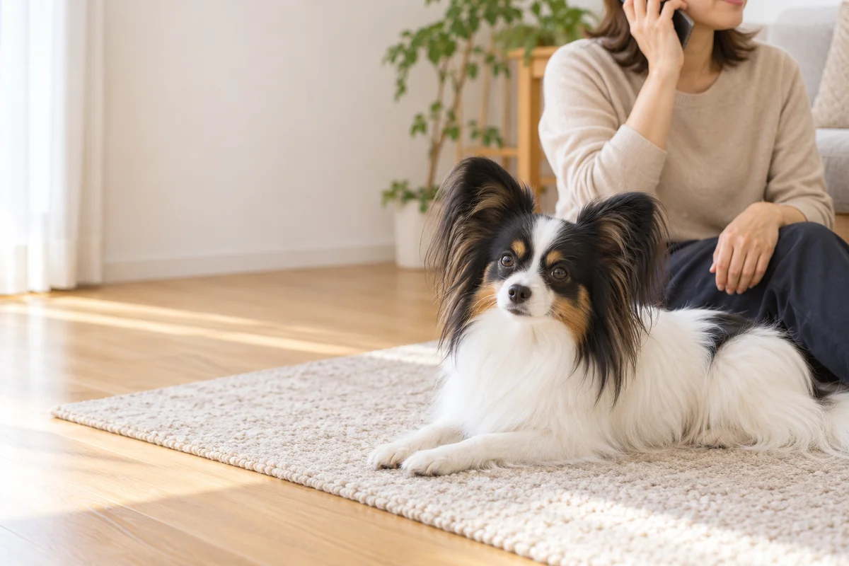 室内のラグに伏せた白・黒・茶色の成犬のパピヨンのそばで、成人の飼い主が電話をしている