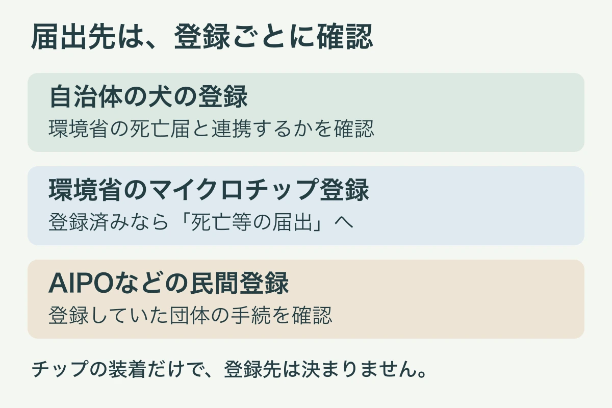 自治体の犬の登録、環境省のマイクロチップ登録、AIPOなどの民間登録を分けて確認する図。自治体と環境省の連携条件は自治体案内で確かめる