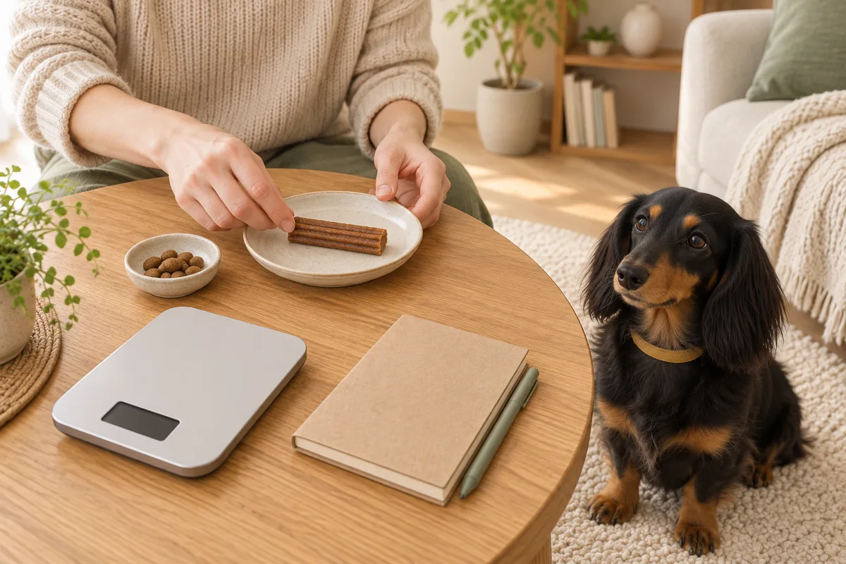 ガムと小さなおやつを別の皿に並べて計量する飼い主と、床で待つ黒と茶色のダックスフンド