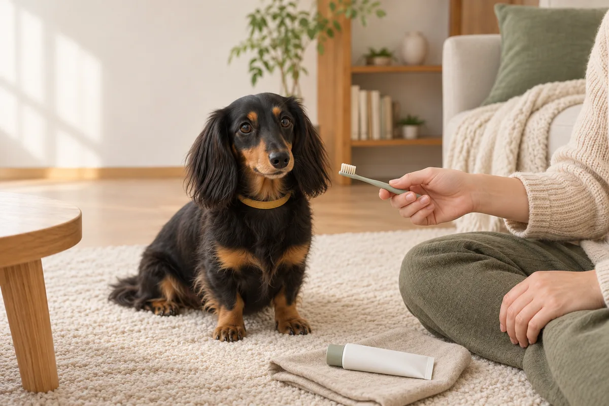 小さな犬用歯ブラシを手元に準備し、床に座ったダックスフンドと向き合う飼い主
