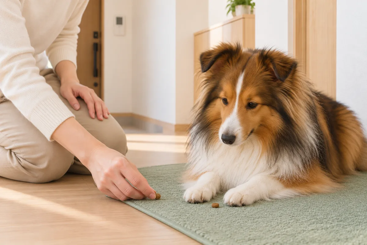 マットに伏せた犬の前足の近くへ、飼い主が少量のフードを置く場面