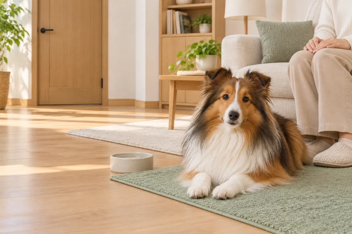 閉じた室内ドアのある部屋で、家族のそばのマットに伏せる犬