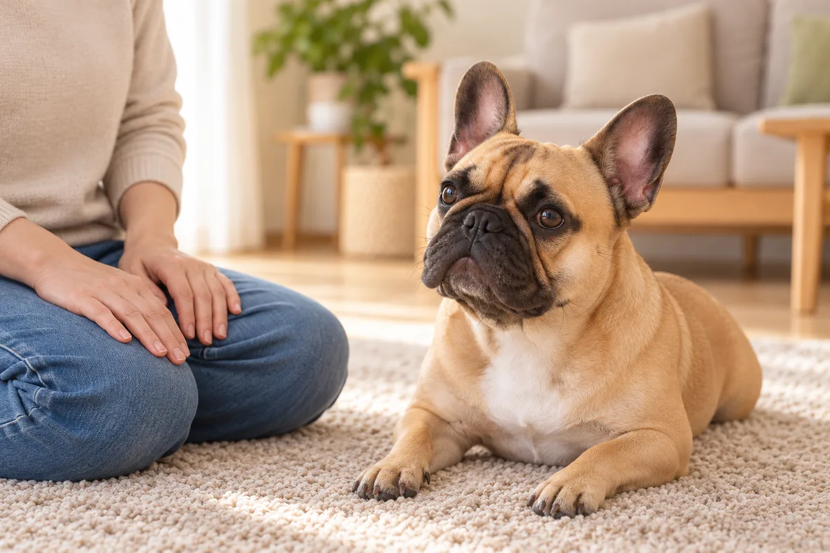 両手を膝に置く飼い主の隣で、犬が自然な姿勢で伏せている