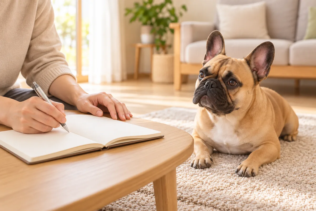 犬から離れたテーブルで、飼い主が開いたノートにペンを添えている
