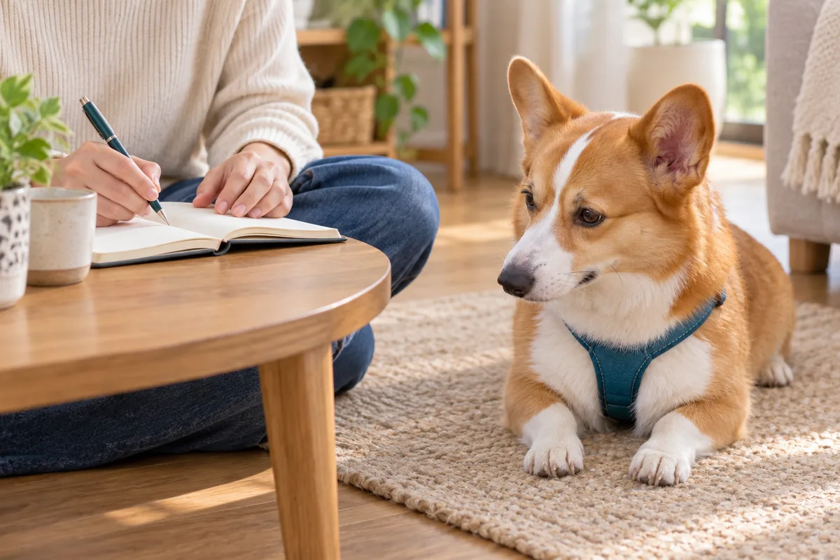 室内で伏せるコーギーのそばで、飼い主が手帳に観察を記録している