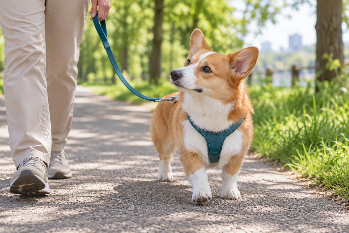 草地の横の舗装路で、コーギーが飼い主を見上げて歩いている。リードは緩んでいる