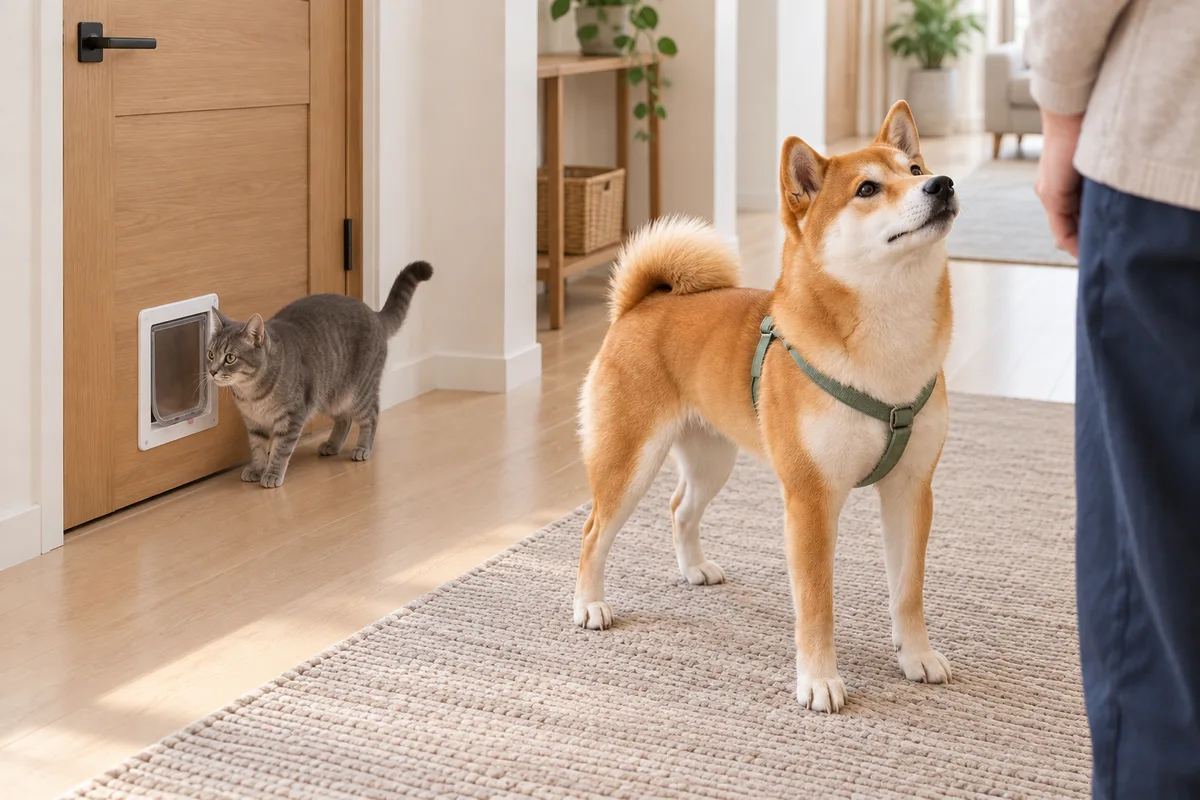 床に近い猫用出入口の付いた閉じた扉と、離れたマットで飼い主を見る柴犬