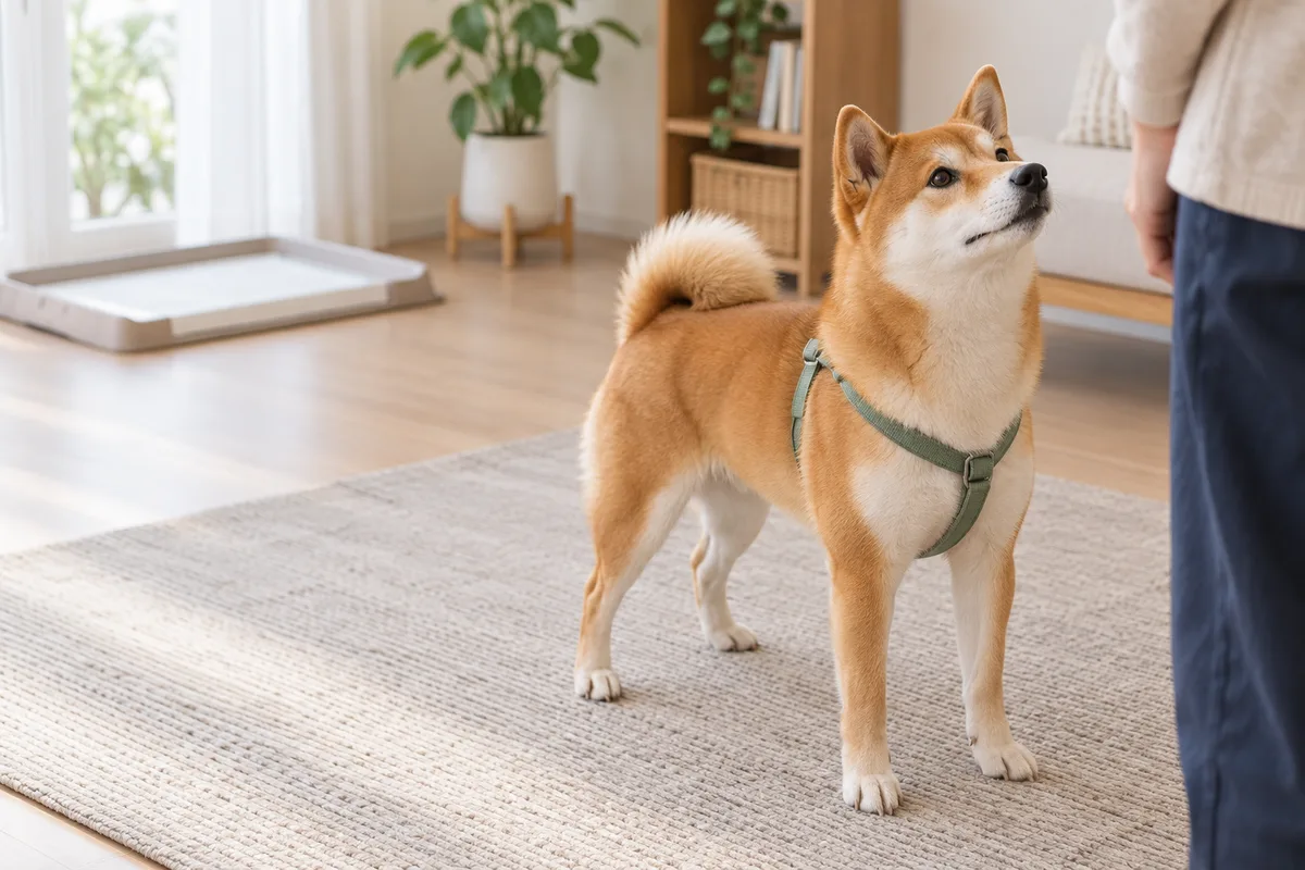 トイレから離れた室内のマットで、飼い主を見上げる赤柴