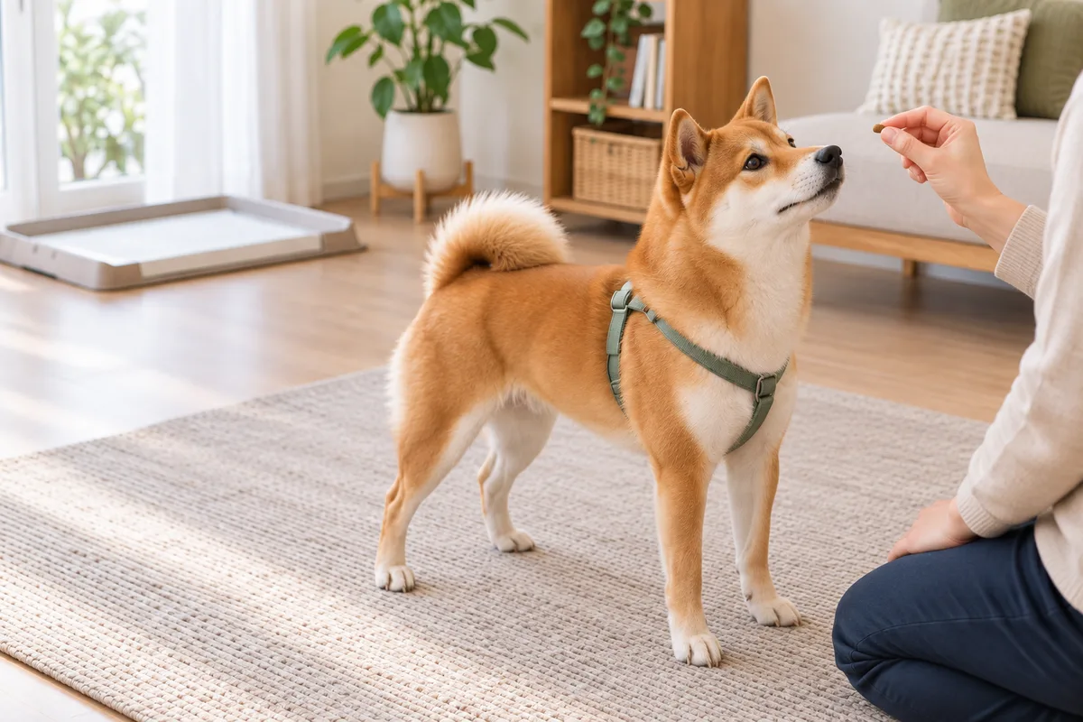 奥のトイレから離れたマットで、飼い主の手元から小さな報酬を受け取ろうとする柴犬