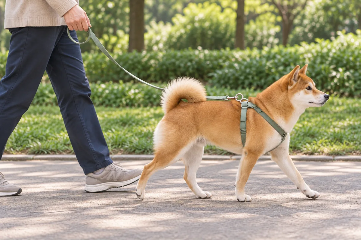 草地の脇の見通しのよい道で、背中のハーネスにリードを付けて飼い主と歩く柴犬