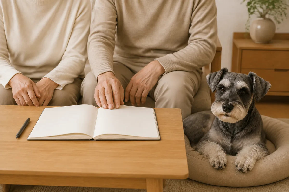 そばで愛犬が休む部屋で、家族が一冊のノートを一緒に確認する様子