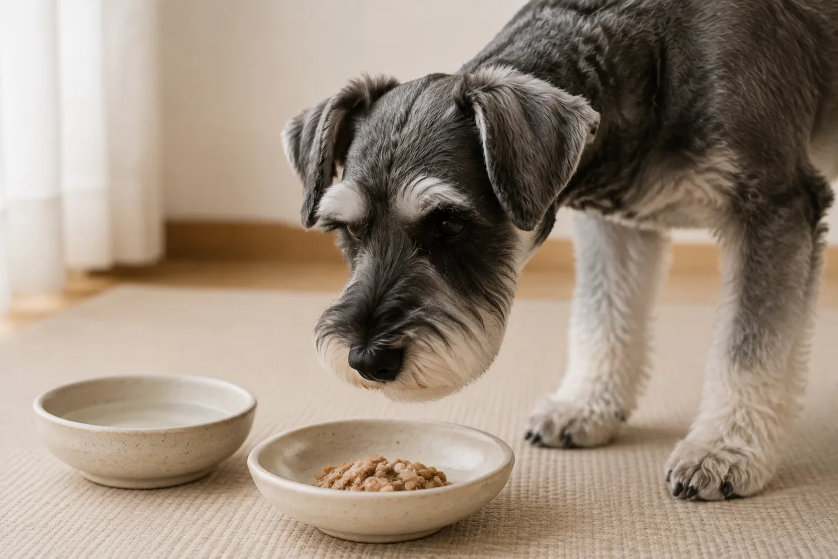 滑りにくいマットの上で、浅い器の少量の食事へ自分から顔を寄せるシニア犬