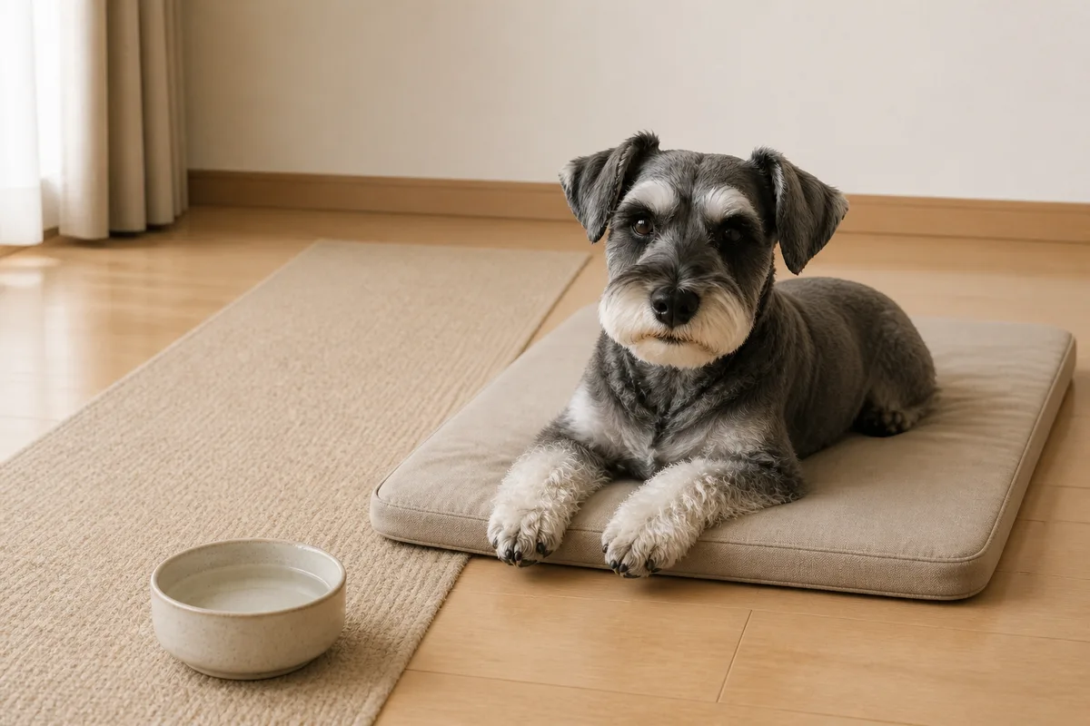 低い寝床と滑りにくい床マット、水の器を近くに配置した部屋で休む同じシニア犬