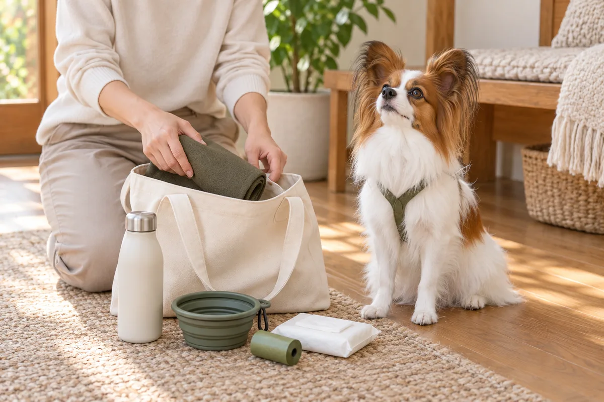 水筒や折りたたみ皿、排泄用品、マットをバッグへまとめる飼い主とパピヨン
