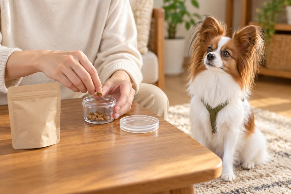 小さな蓋付き容器におやつを取り分ける飼い主と、そばで待つパピヨン