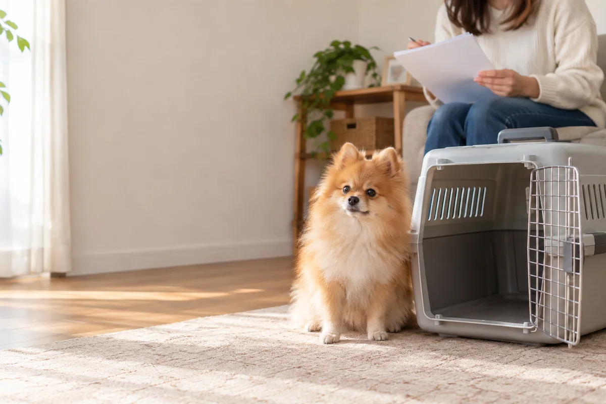 自宅で飼い主が書類を読むそばで、扉の開いた硬いクレートの横に座るオレンジ色のポメラニアン