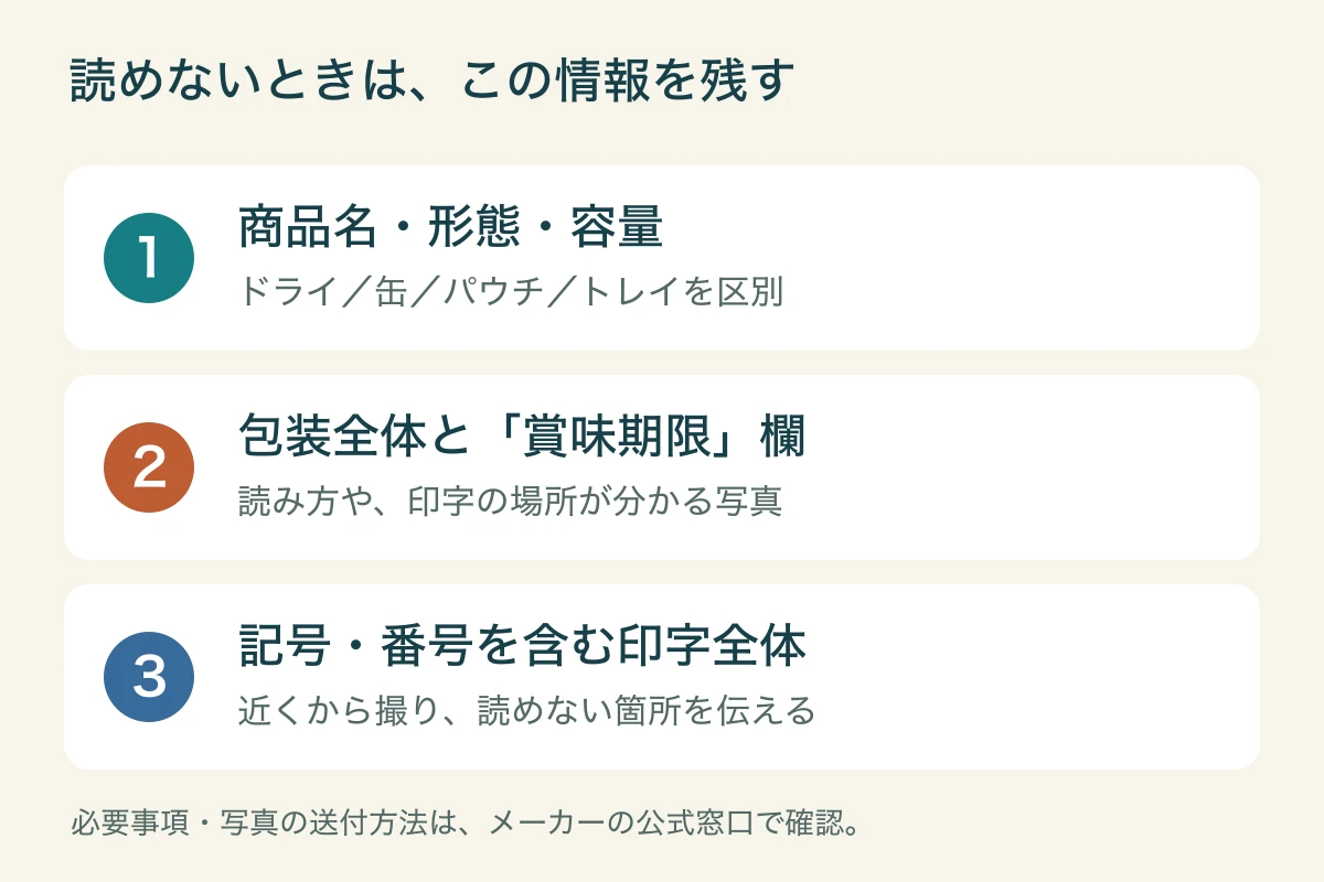 問い合わせ用に残す情報。商品名・形態・容量、包装全体と賞味期限欄、記号と番号を含む印字全体の3点