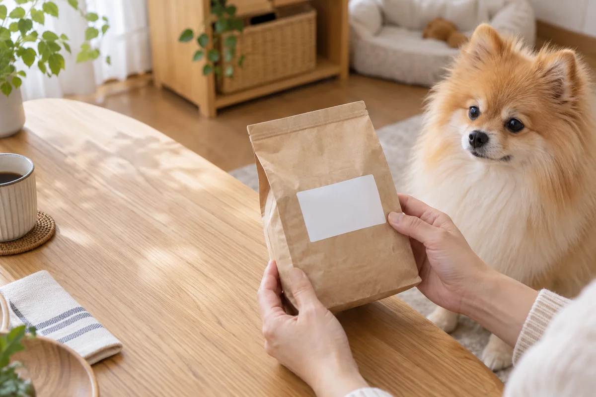 無地のフード袋の裏面を手に取る飼い主と、横で見ているオレンジ色のポメラニアン