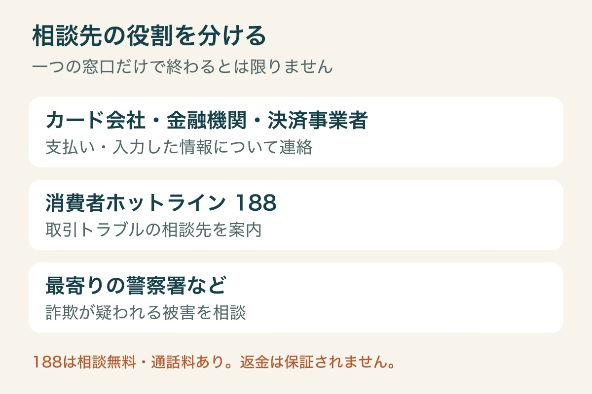 決済の確認はカード会社や金融機関など、取引の相談は188、被害の相談は警察へと役割を分ける図