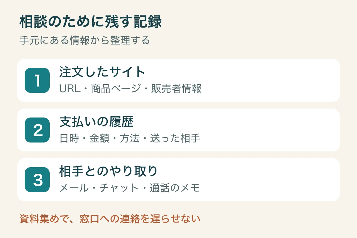 注文したサイト、支払い履歴、相手とのやり取りの3種類を保存する図
