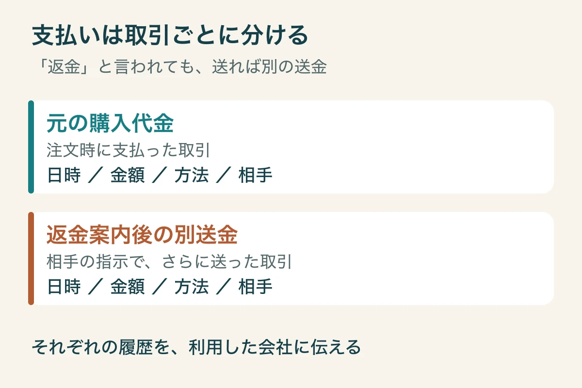 元の購入代金と返金と言われた後の別送金を、それぞれの日時・金額・方法・相手で分ける図